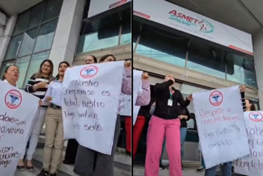 Trabajadores de Asmet Salud se concentraron frente a la sede de la EPS en Armenia para reclamar pagos pendientes y estabilidad laboral.