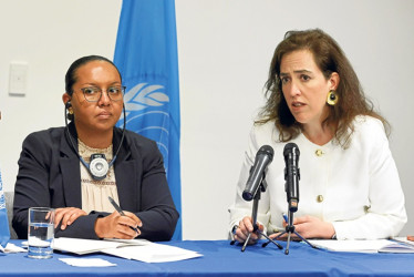 La presidenta del Grupo de trabajo sobre la utilización de mercenarios, Michelle Small, y la integrante del grupo Joana de Deus Pereira, presentaron en informe. 