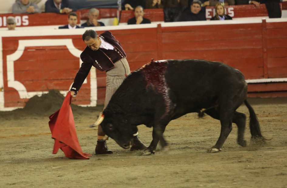 Derechazo de César Rincón a su novillo toro Chispas de 406 kg de la ganadería de Ernesto Gutiérrez.