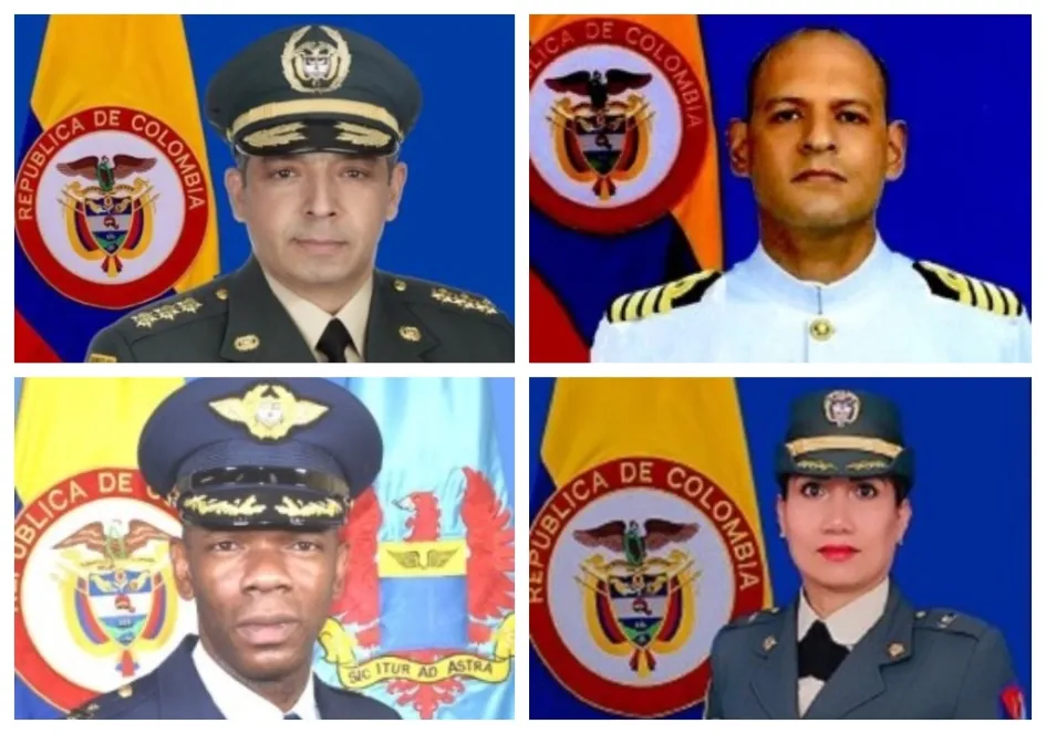 El mayor general Hugo Alejandro López Barreto, del Ejército (arriba a la izquierda); el capitán de navío Roberto Bonilla Arias, de la Armada (arriba a la derecha); el teniente coronel Rodrigo Mezu Mina, de la Fuerza Aérea, y la mayor Isabel Cristina Ozuna Stockl, del Ejército.