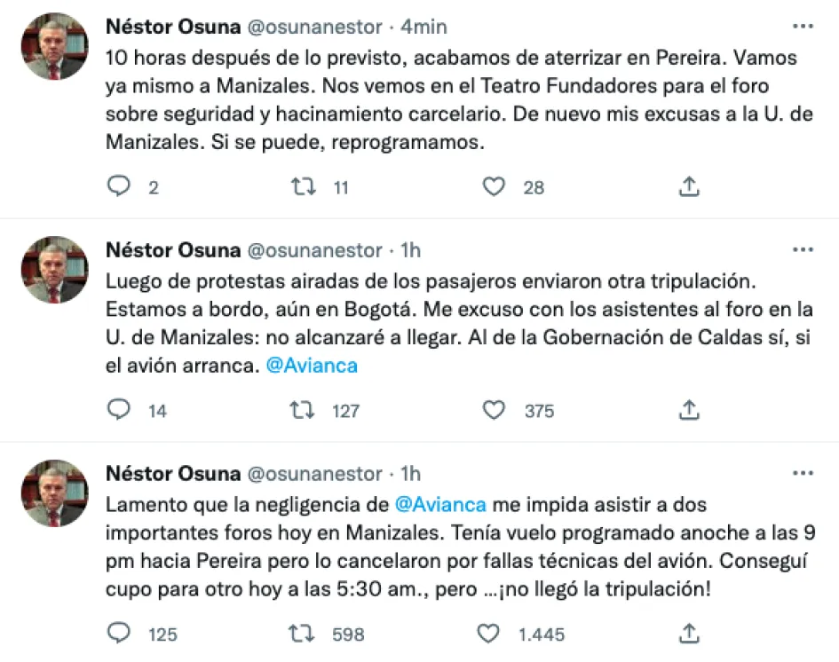 Minjusticia se queja de Avianca por retrasos en su vuelo para llegar a Manizales