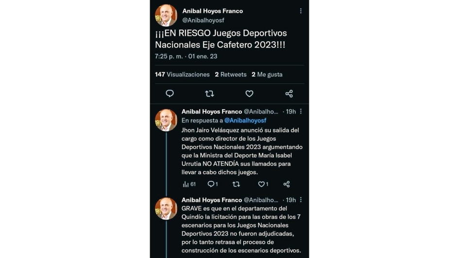 Trinos del representante a la Cámara risaraldense Aníbal Hoyos, en los que expresa su preocupación por los Juegos Nacionales del Eje Cafetero previstos para noviembre y diciembre de este año.