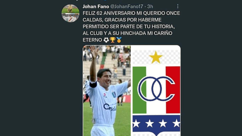 El peruano Johan Fano, exdelantero del Once Caldas, felicitó al equipo por su reciente aniversario.