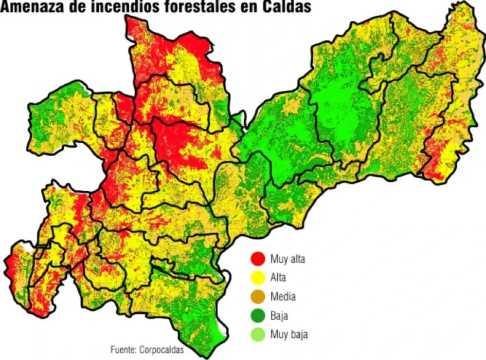 amenaza de incendio forestal en Caldas