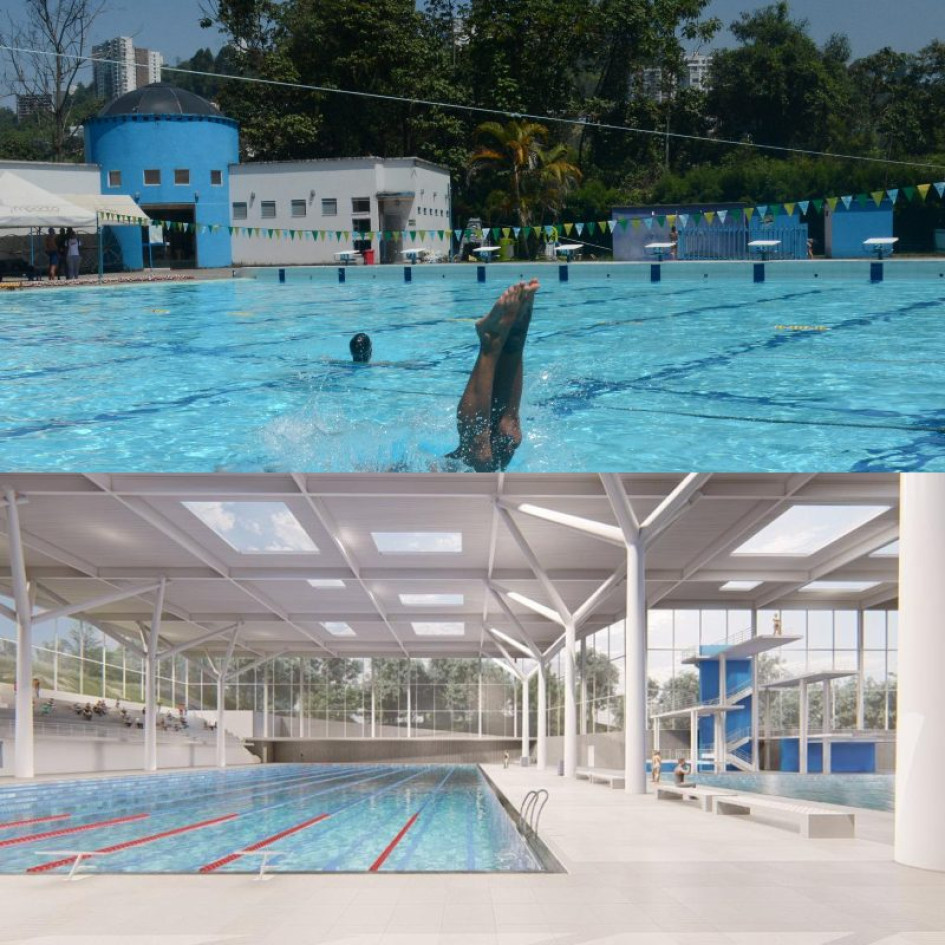 En la foto de arriba, la piscina actual.  En la imagen de abajo cómo quedaría el Complejo Acuático si se interviene como está proyectado con recursos del Mindeporte y la Gobernación de Caldas. 