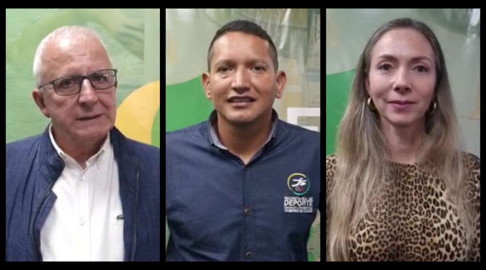 Baltazar Medina, director de Juegos; Andrés Felipe Marín, secretario del Deporte de Caldas, y Lady Yanery Hincapié, secretaria del Deporte de Manizales.