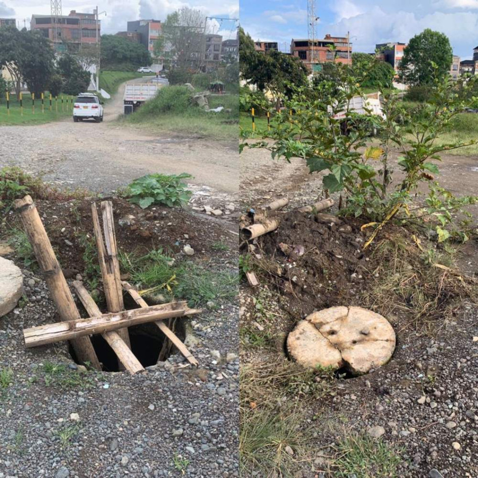 Comparativo del antes y después de la cámara de alcantarillado en la unidad deportiva La Pradera de Anserma.
