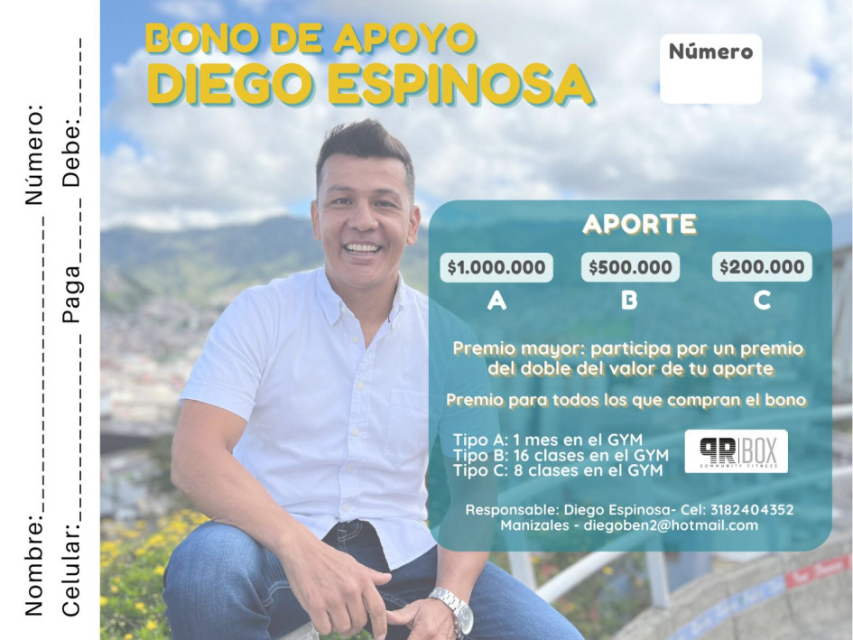 El precandidato a la Alcaldía de Manizales Diego Espinosa, apodado el Ninja, busca recursos con bonos de apoyo para financiar su campaña.