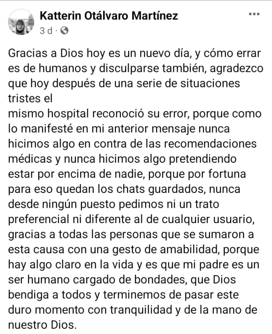La primera gestora de Pácora, Kátterin Otálvaro, manifestó su inconformidad por el maltrato que su padre recibió cuando estuvo internado en el Hospital Santa Sofía.