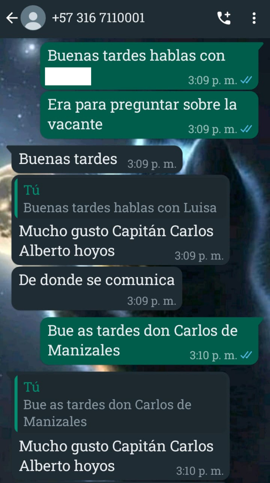 Pantallazo de la falsa oferta laboral.