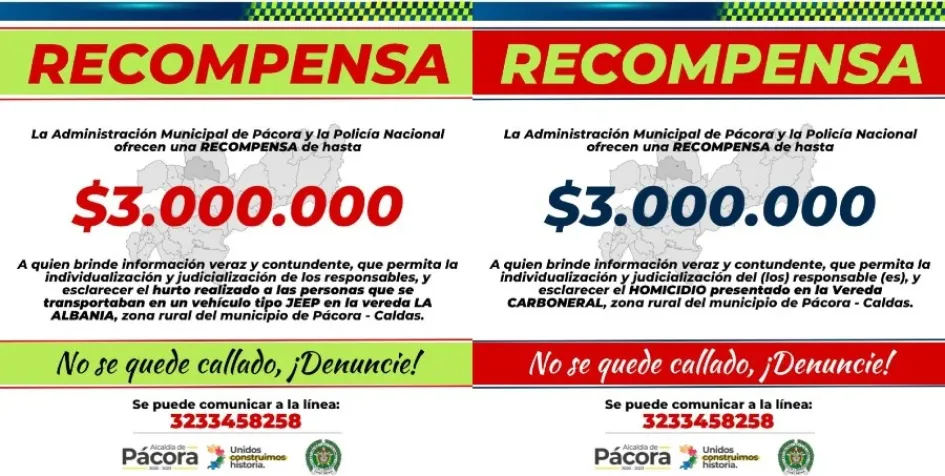 Alcaldía de Pácora y Policía ofrecen recompensas para esclarecer robo y homicidio