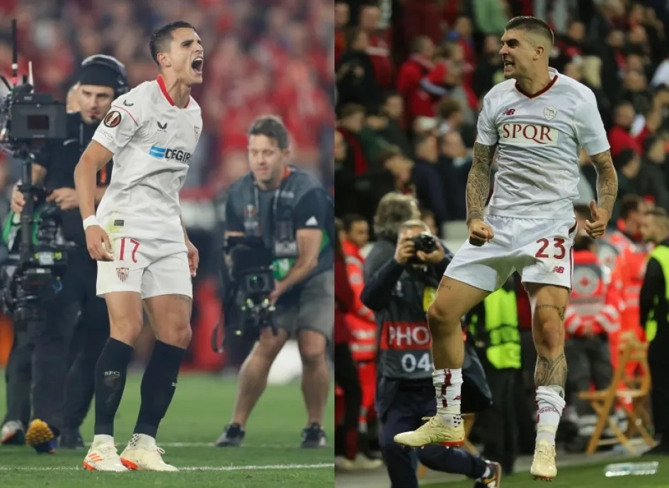 Erik Lamela, del Sevilla, y Gianluca Mancini, de la Roma, celebran el paso a la final de la Liga Europa.