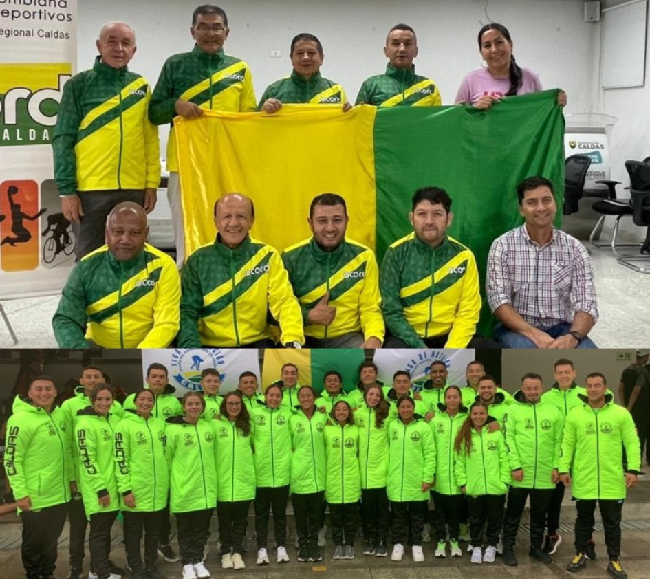 Arriba, parte de la delegación caldense que participará en los Juegos Nacionales para Periodistas, de Acord Colombia. Abajo, la selección Caldas de natación.