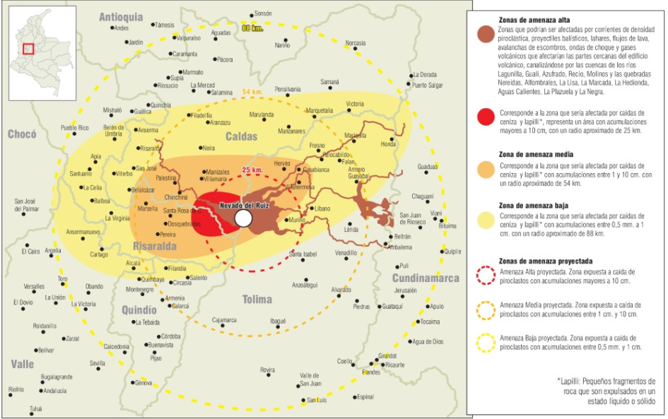Este es el mapa de riesgo del volcán Nevado del Ruiz, con un límite establecido en un radio ubicado a 15 kilómetros del cráter Arenas. Desde este 12 de mayo el área se redujo a 10 kilómetros a la redonda.