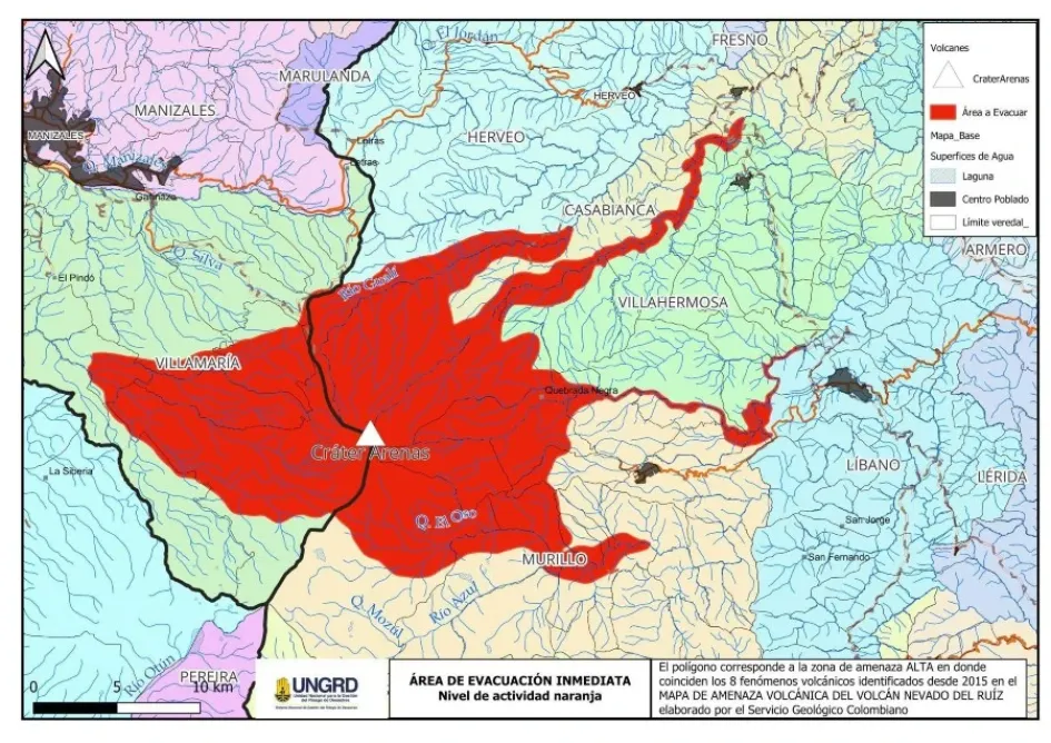 Este mapa muestra el polígono de evacuación presentado en el Puesto de Mando Unificado del 12 de mayo de 2023. La zona roja es el área a evacuar.