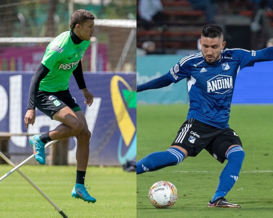 El marmateño Nelson Deossa, de Atlético Nacional (izquierda), y el manizaleño Israel Alba, de Millonarios, son la cuota caldense en la final de la Liga BetPlay Dimayor I 2023.