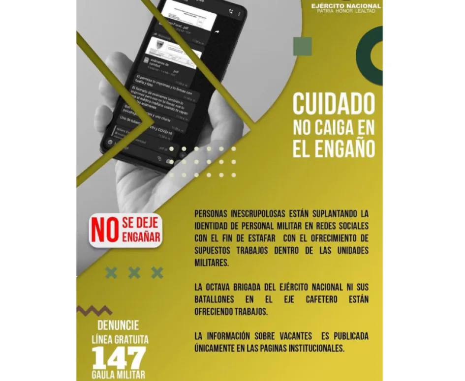 Mensaje del Batallón Ayacucho para no dejarse engañar con falsas ofertas laborales. 