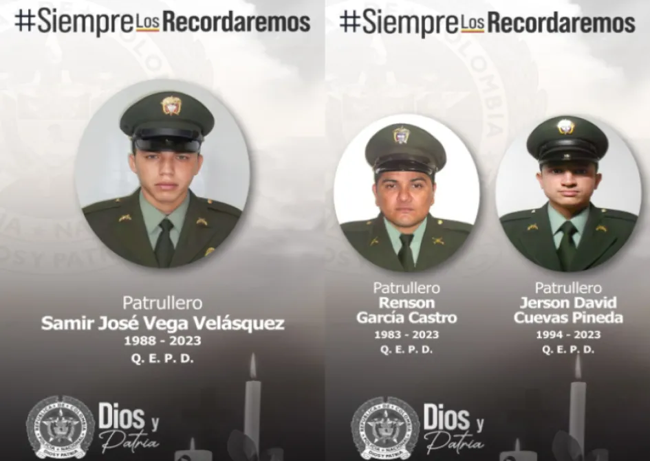 Estos son los tres policías asesinados este martes por el Eln. 