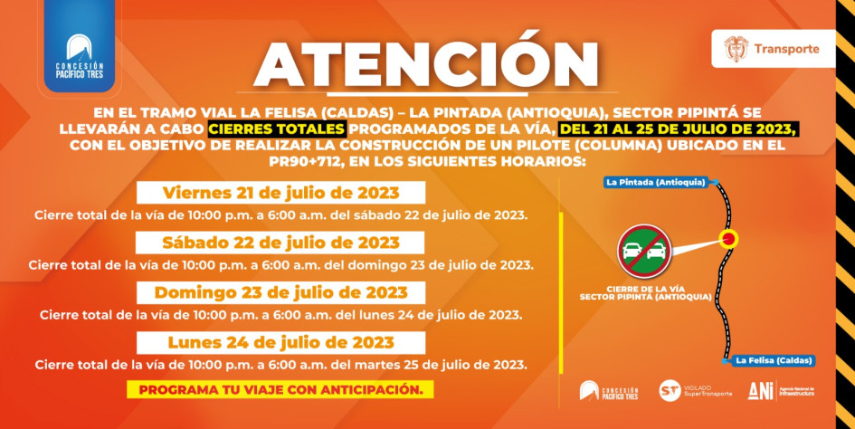 Los cierres serán por la construcción de un puente entre La Felisa y La Pintada.