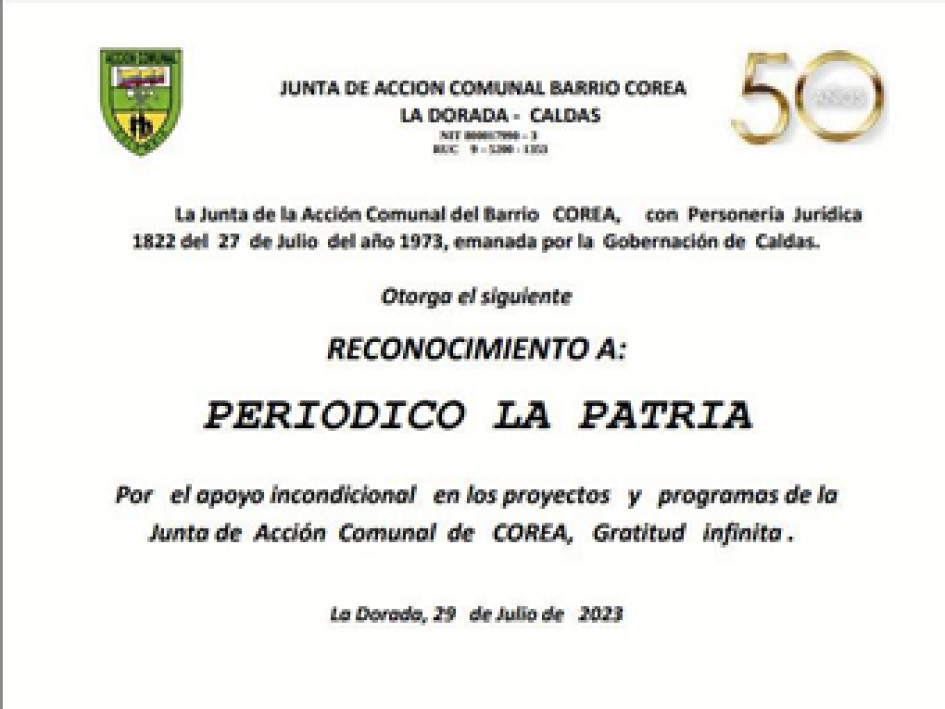 Este medio de comunicación fue reconocido por la Junta de Acción Comunal del barrio Corea de La Dorada (Caldas), por su misión de estar al lado de las comunidades.