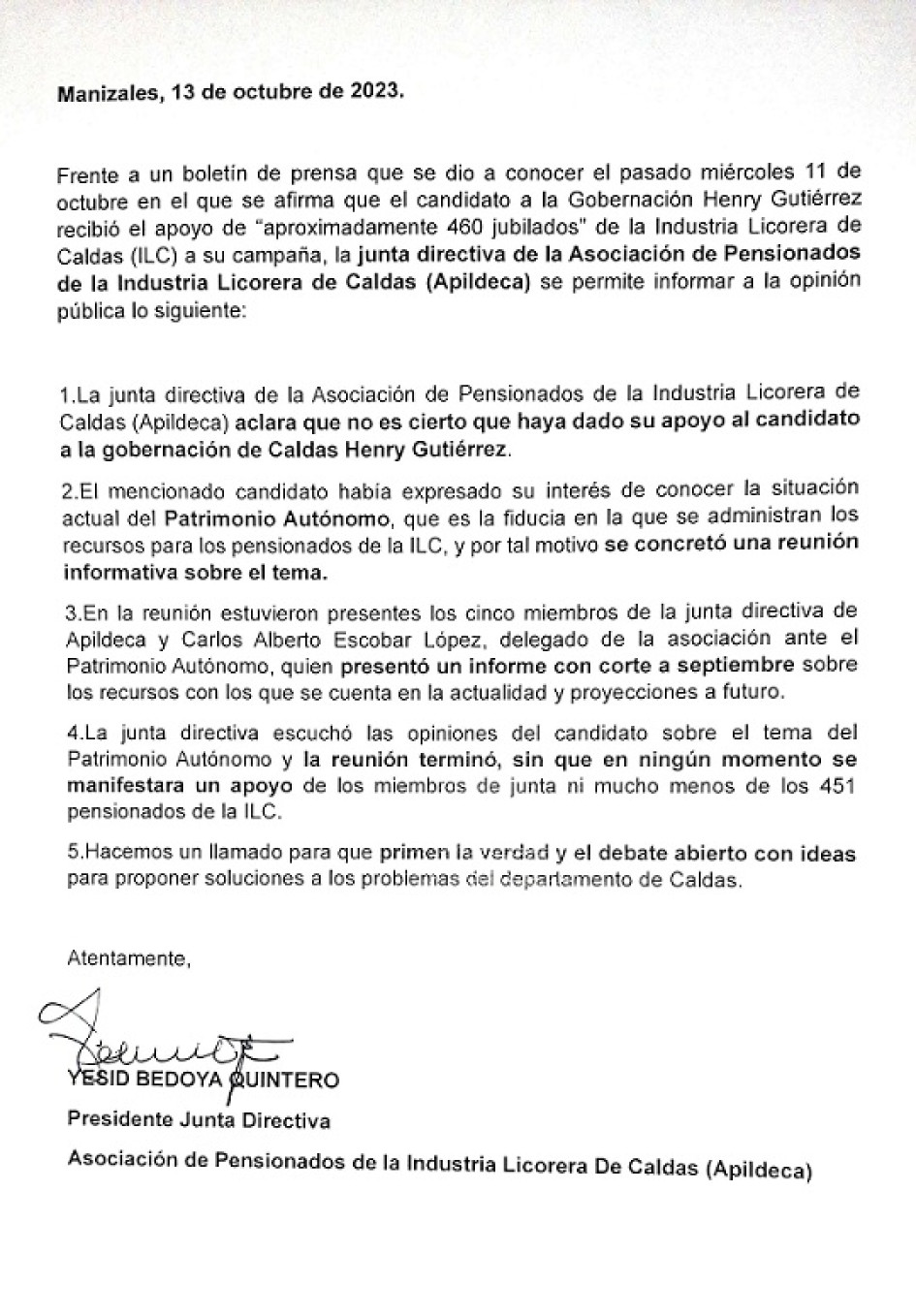 Sindicato salió a desmentir apoyo a Gutiérrez Foto|Cortesía|LA PATRIA