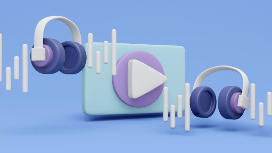 Ilustración de un signo de play con dos audífonos flotando a los lados.