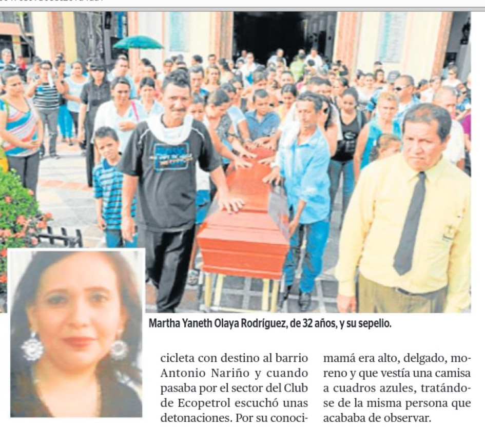 Martha Yaneth Olaya Rodríguez, de 32 años, y su sepelio. A la mujer la habrían matado por un robo, según el relato de su hijo.