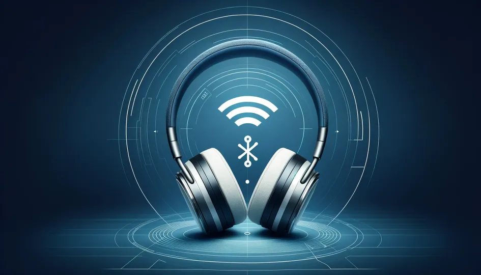 Ilustración de unos audífonos inalámbricos de diadema con un símbolo de señal en el centro.