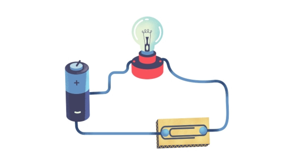 Ilustración de un circuito en serie compuesto por un bombillo, una pila y un interruptor.