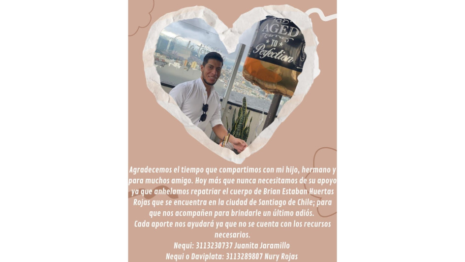 Piden apoyo para repatriar el cuerpo de Brian a Colombia.