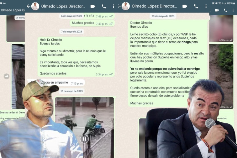 Algunos de los pantallazos de los mensajes que el exalcalde de Supía Marco Antonio Londoño Zuluaga le envió en mayo pasado al entonces director de la UNGRD Olmedo López.