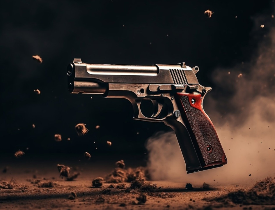 Primer plano del arma rodeada de pólvora después de disparar