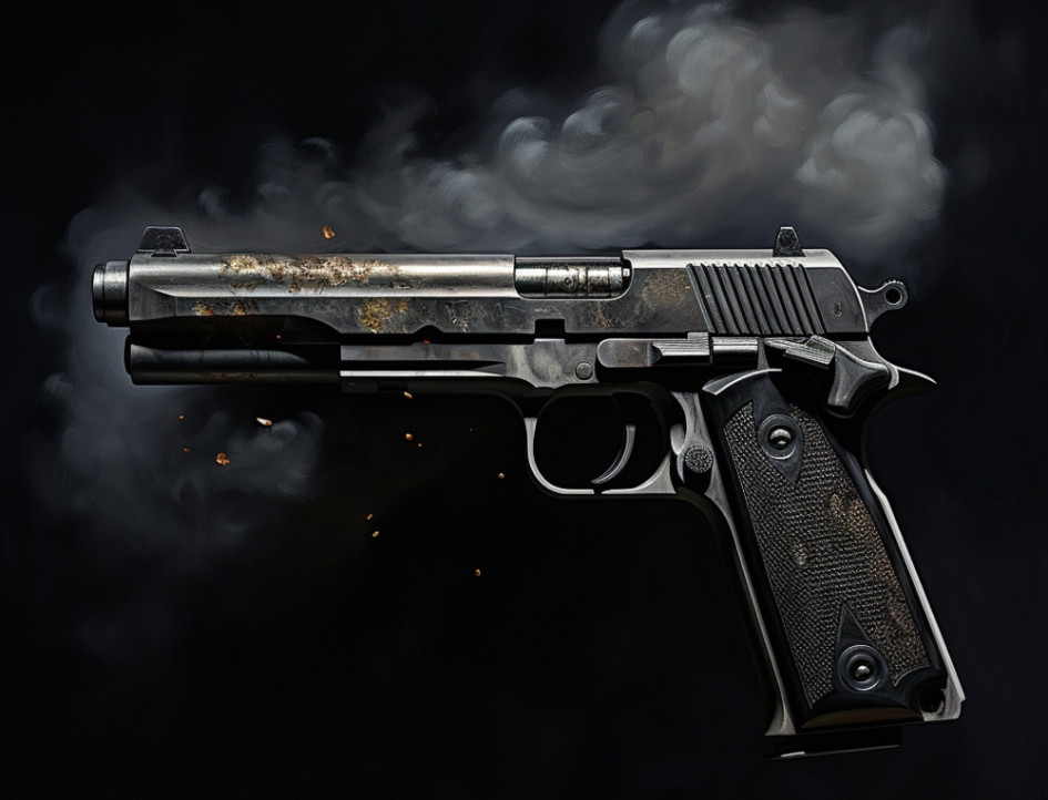 Ilustración de primer plano del arma rodeada de pólvora después de disparar.