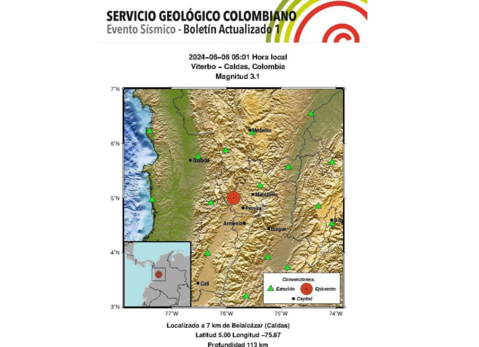 Este es el reporte que publicó el Servicio Geológico Colombiano del sismo en Viterbo (Caldas).