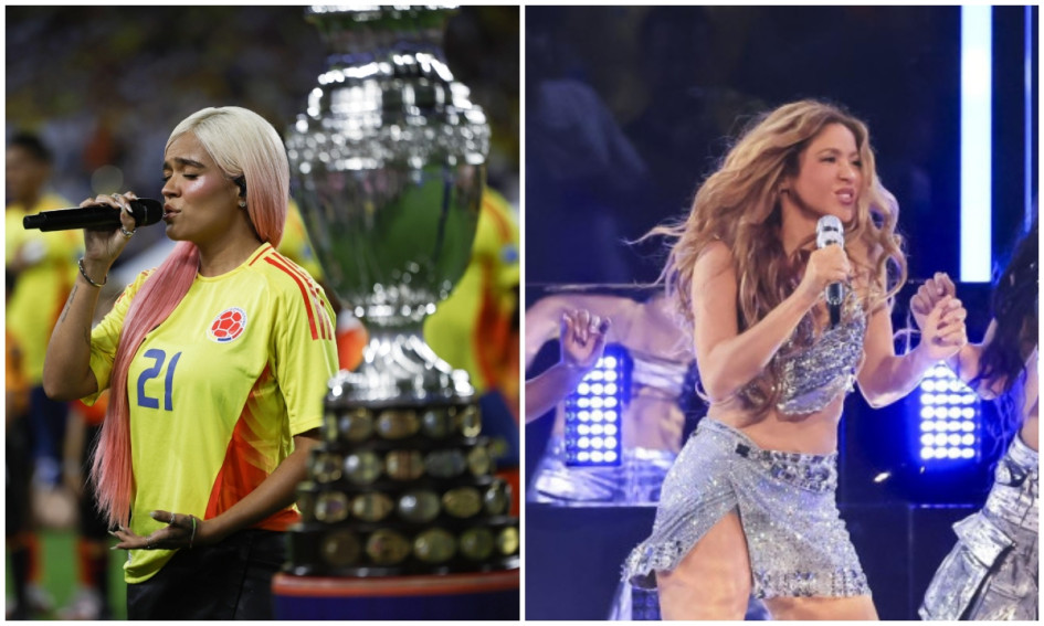 La antioqueña Karol G (izquierda) y la barranquillera Shakira fueron las protagonistas del espectáculo no futbolístico en la final de la Copa América 2024.