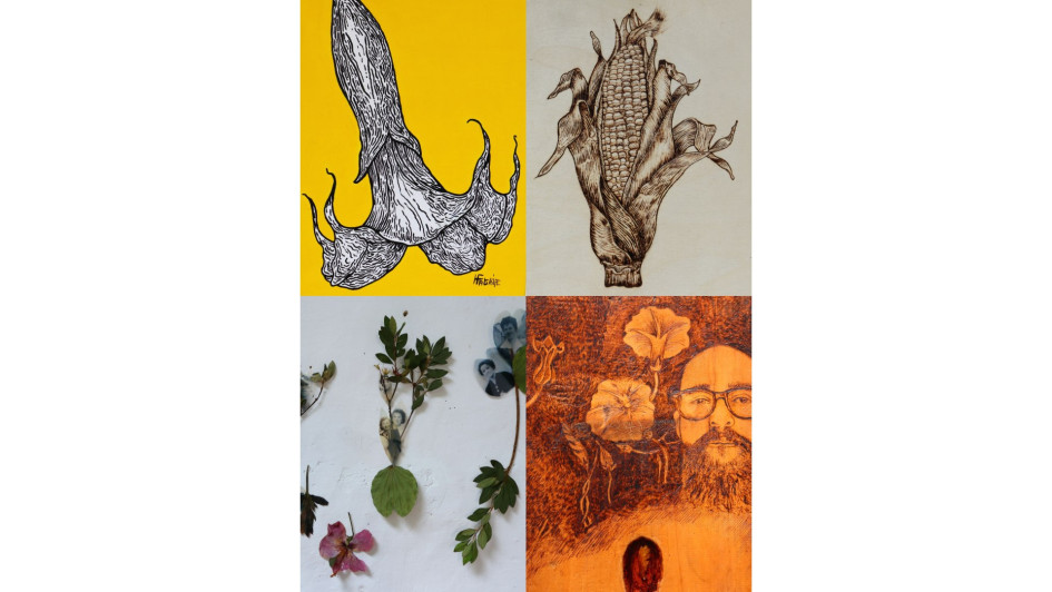 Algunas de las obras expuestas en la Casa de la Cultura de Salamina.