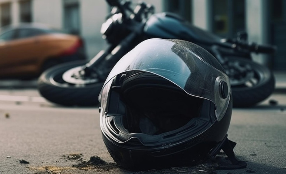 Ilustración de siniestro vial fragmentos de motocicleta y casco.