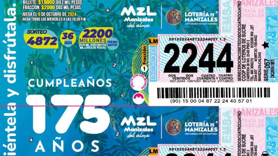 Así se ve el billete de la Lotería de Manizales en homenaje a los 175 años de la ciudad.