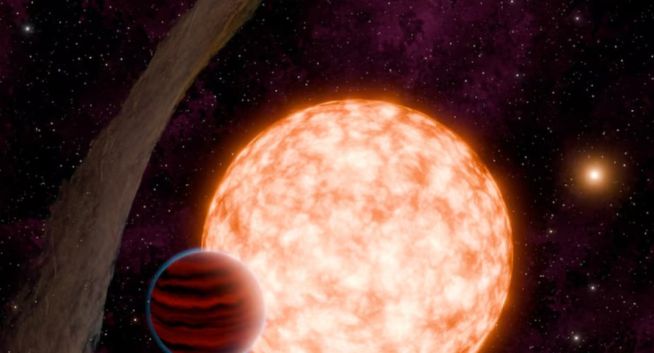 Representación artística del sistema que muestra la estrella anfitriona, el planeta en tránsito, el disco de transición desalineado y la compañera binaria ancha (al fondo).