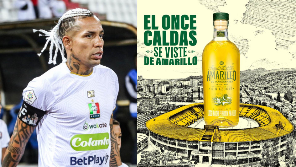 El Once Caldas tendrá en su camiseta del 2025 el logo del Aguardiente Amarillo de Manzanares, producto estrella de la Industria Licorera de Caldas.