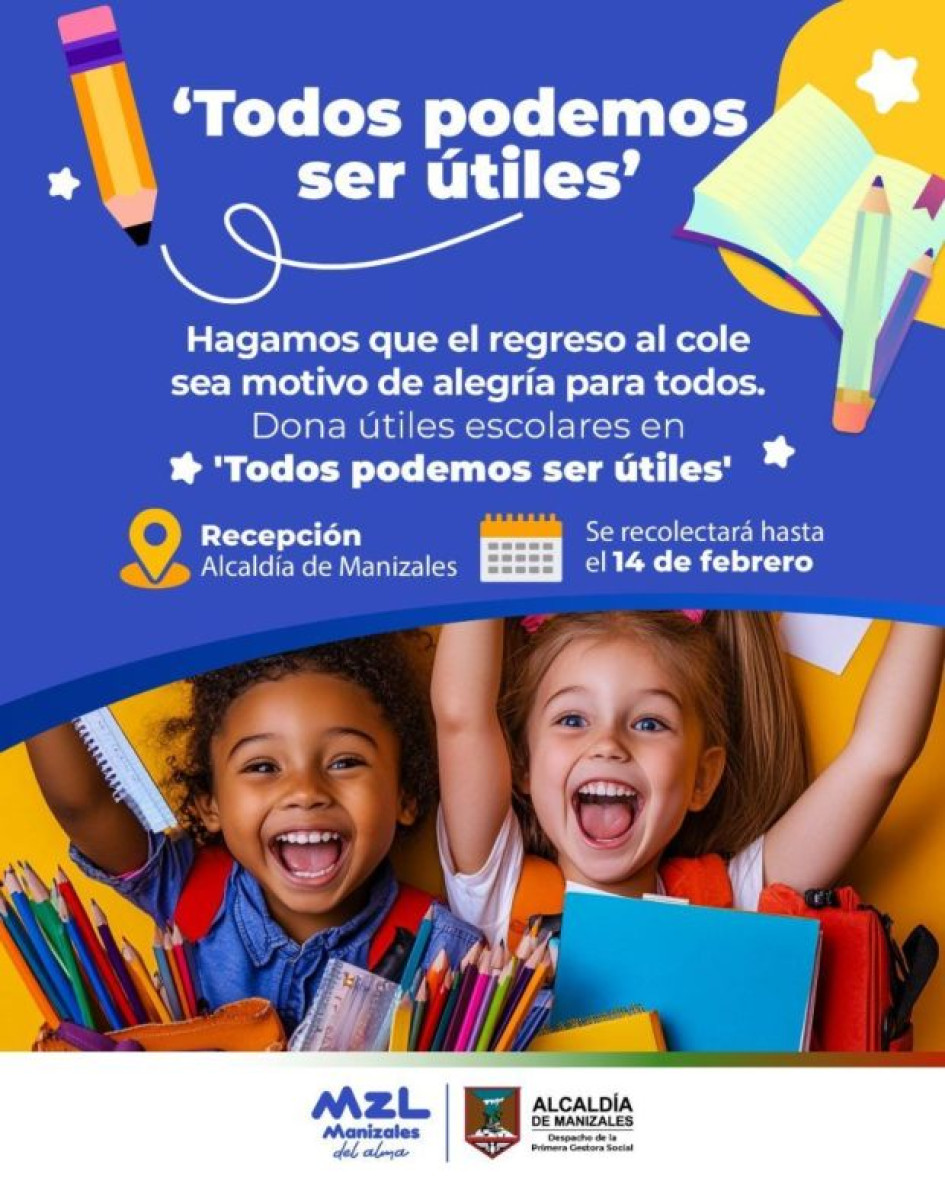 La primera gestora social de Manizales, Juliana Londoño Villa, lidera la campaña 'Todos podemos ser útiles', que estará activa hasta el próximo 14 de febrero. La idea es recoger elementos para alumnos.