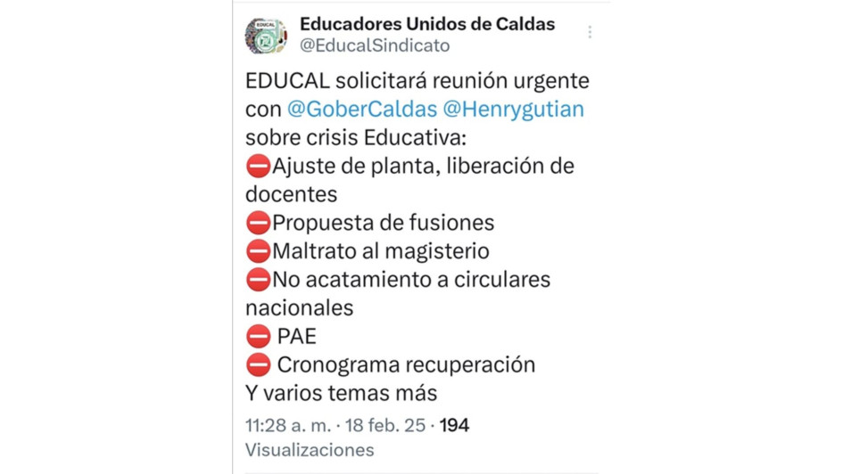 Supimos que: Educal pide reunión urgente con el gobernador de Caldas, Henry Gutiérrez