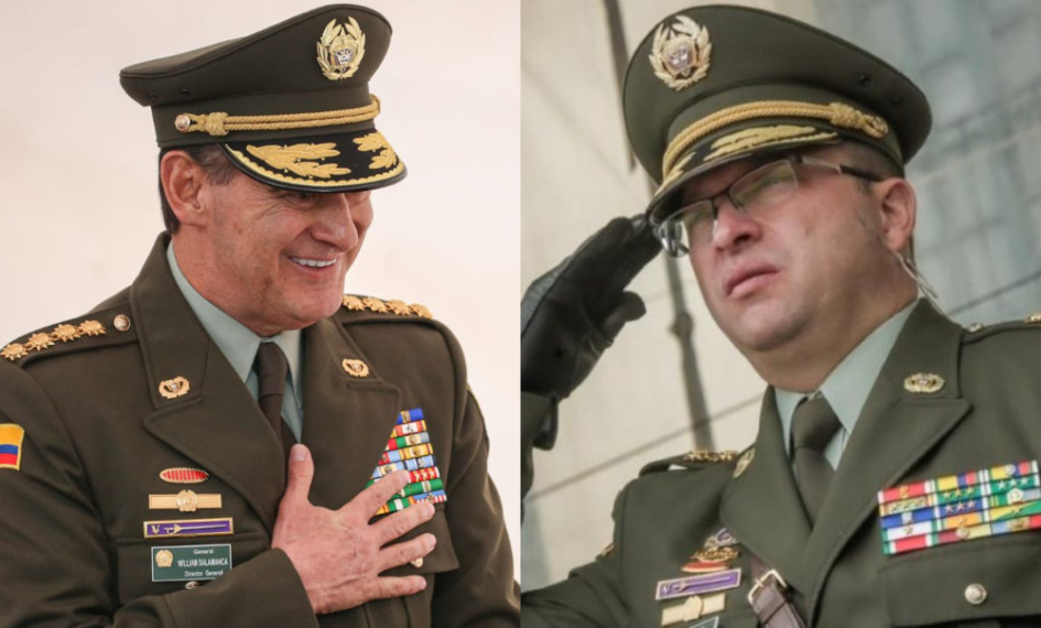 General William René Salamanca, quien deja la Dirección de la Policía Nacional, y su reemplazo en el cargo, Brigadier General (r) Carlos Fernando Triana.
