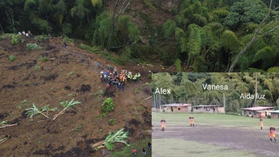 Foto del Facebook de la vereda, que recuerda las casas donde vivían los afectados. En las 3 primeras habitaban los fallecidos: Jhon Alexánder Tobar Ospino (izquierda), Aida Luz Marín López, Thiago Osorio Tovar y Johan David Tovar Marín (medio), y Vanesa Galeano Ospina (derecha).