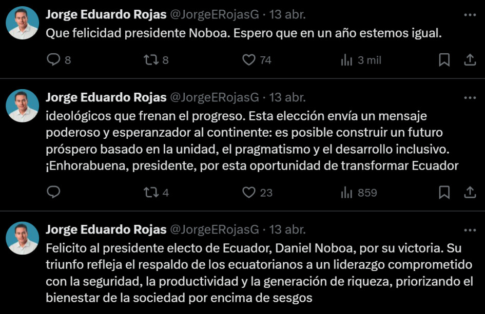 El alcalde Jorge Eduardo Rojas celebró la reelección de Daniel Noboa como presidente de Ecuador.