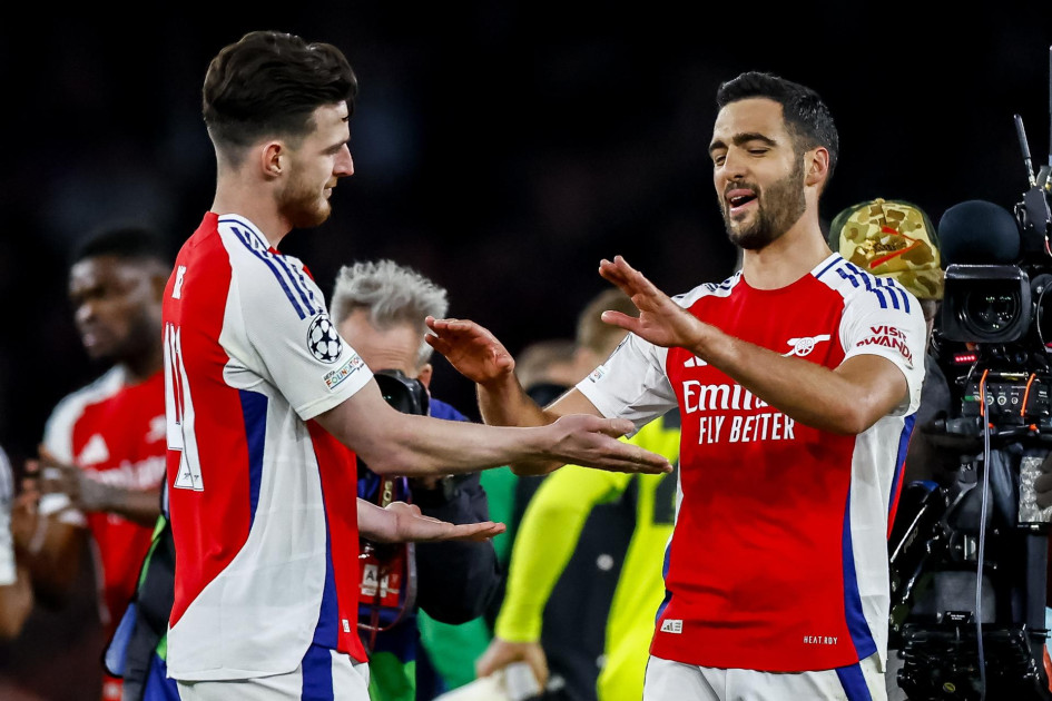 Declan Rice (izq.) y Mikel Merino, los goleadores del Arsenal en el 3-0 contra el Real Madrid en la Champions League.