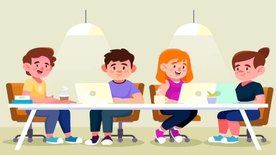 Niños ilustrados en una reunión.