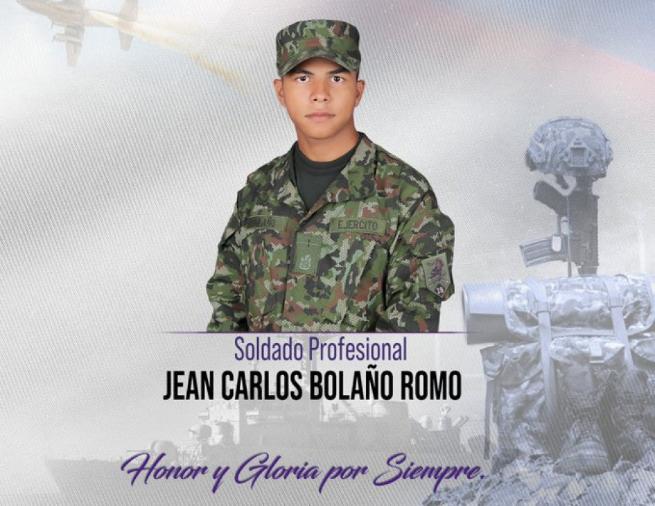 El soldado profesional Jean Carlos Bolaño Romo fue hallado sin vida en el departamento del Guaviare tras un ataque de disidencias de las Farc.