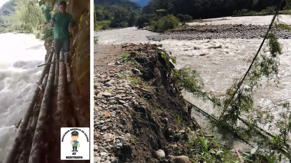 Ciudadanos improvisaron un puente de guadua sobre el río Samaná Sur para transportar mercancía y abrir el paso a las motos. Una creciente "se tragó" la vía el viernes (11 de abril).