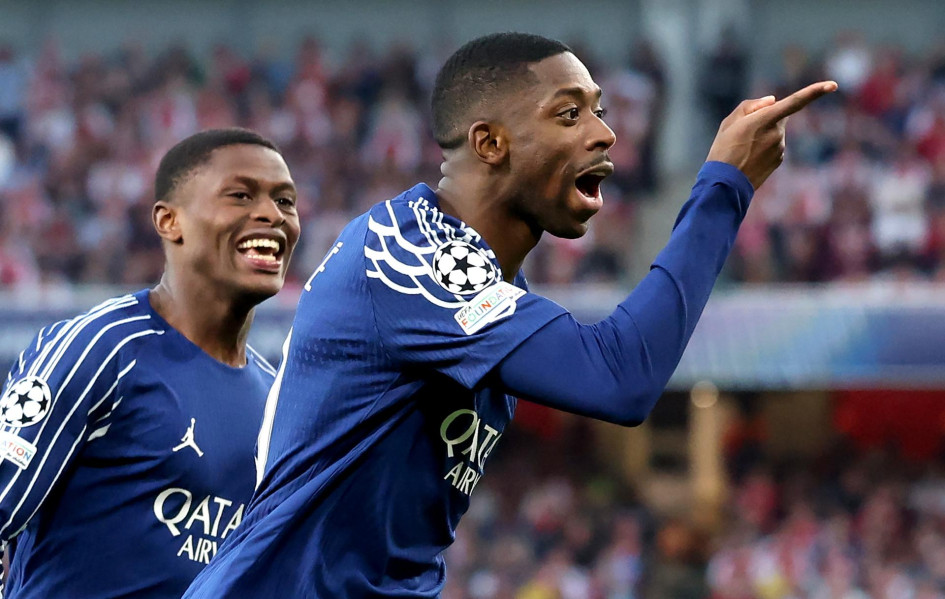 Ousmane Dembele del PSG celebra después de marcar el primer gol durante el partido de ida de las semifinales de la Liga de Campeones de la UEFA entre el Arsenal FC y el Paris Saint-Germain, en Londres, Gran Bretaña, este martes 29 de abril del 2025.